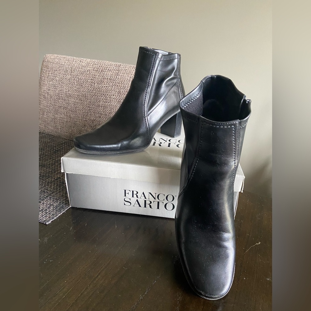 Black leather heeled boots